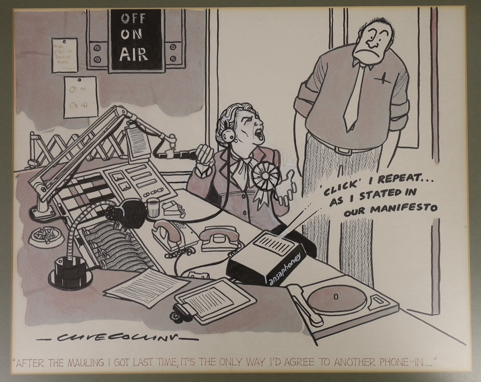 Clive Collins (1942-2022) and Franklin (1930-2004), two original cartoons for the The Sun, 'Margaret Thatcher Radio Phone-In' and 'Charles and Diana in New Zealand', 32 x 39cm and 25 x 35cm